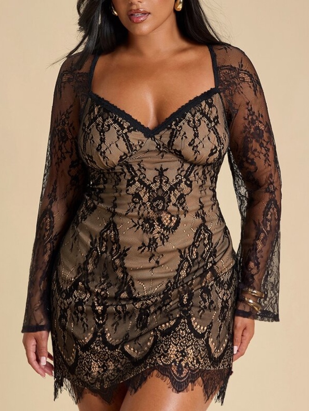 Lace Overlay Mini Dress - Black over Tan